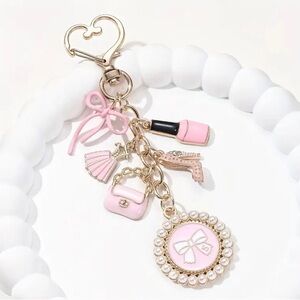 Charming Coquette Girly Bag Charm Pink Bow Heart Keychain Classy Cute Whimsical